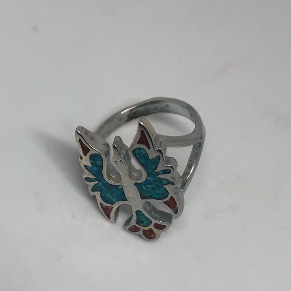 Vintage Thunderbird Ring Turquoise Coral Inlay - Picture 6 of 7